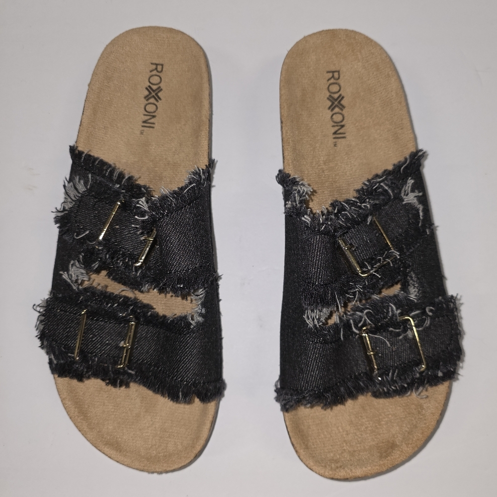 11 Roxoni Denim Flats Sandals Slip Ons Double Buckle Adjustable Straps
